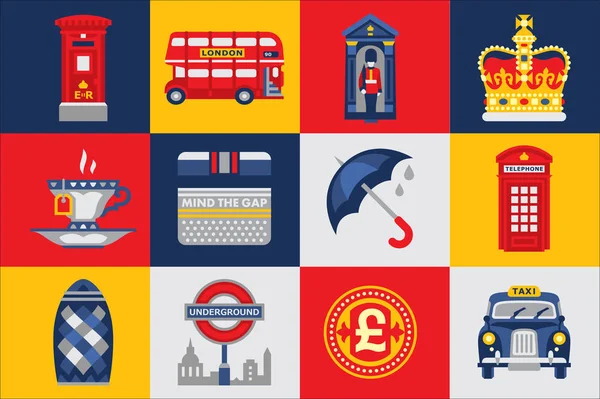 London icons set, traditions symbols of England colorful vector Illustrations — Stock Vector