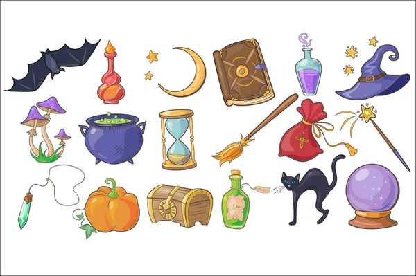 Halloween, magie en spreuk Signs set, tovenaar hoed, magie boek, Potion, bezem, kristallen bol, borst, zandloper, pompoen, bat vectorillustraties op een witte achtergrond — Stockvector
