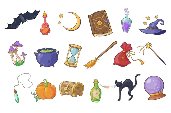 Halloween magiska skyltar som, Wizard hatt, magi bok, potion, kvast, kristall kula, bröst, timglas, pumpa, fladdermus vektor illustrationer — Stock vektor