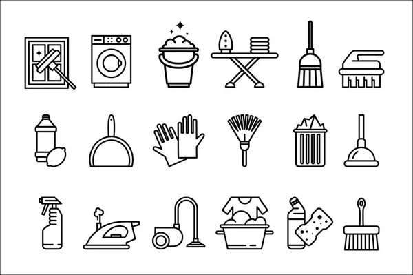 Set ikon pembersih, mesin cuci, setrika, sarung tangan, spons, pel, vacuum cleaner, sekop dan elemen pembersih lainnya vektor garis Ilustrasi pada latar belakang putih - Stok Vektor