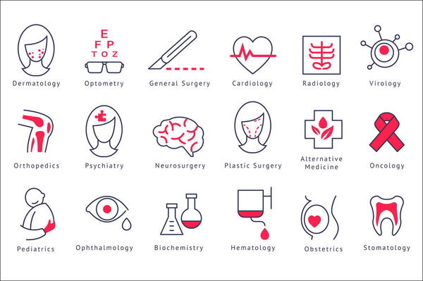 Различные иконки отделений больницы устанавливают векторные иллюстрации на белом фоне
