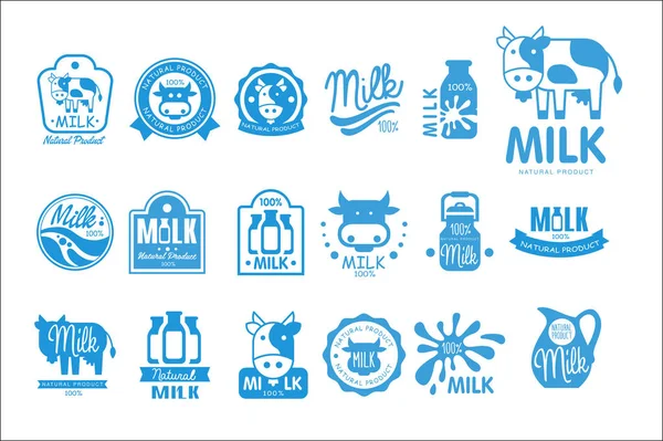 牛奶天然产品标志集, 乳制品标签收集向量插图在白色背景 — 图库矢量图片