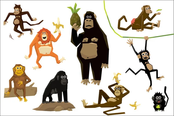 Zabawny zestaw małp, małpy różnych ras w różnych sytuacjach wektor ilustracje na białym tle — Wektor stockowy