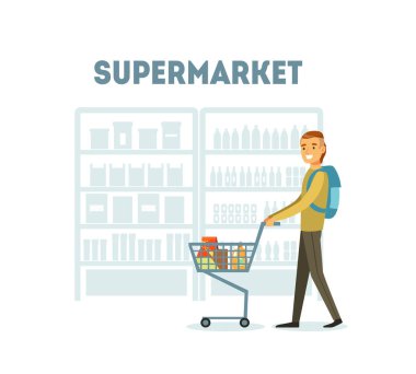 Bakkal dükkanı erkek alıcı alışveriş sepeti dolu bakkaliye, günlük bakkal satın vektör Illustration