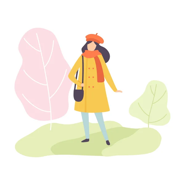 Молодая женщина в теплой одежде прогуливается по векторной иллюстрации весеннего парка — стоковый вектор