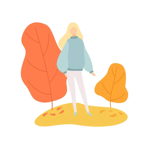 Девушка гуляет в парке осенью Векторная иллюстрация сезона — стоковый вектор
