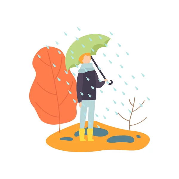 傘の下で雨の中を歩いている少年、秋の季節ベクトルイラスト — ストックベクタ