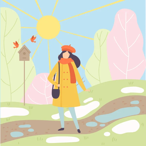 Молодая женщина в теплой одежде, стоящей на фоне весеннего сезона, смена сезонов с зимнего на весенний векторные иллюстрации — стоковый вектор