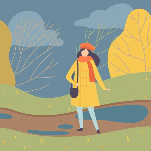 Молодая женщина в теплой одежде, стоящей на фоне осеннего сезона — стоковый вектор