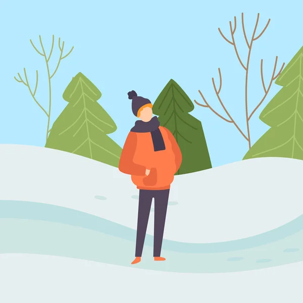 Menino vestindo roupas quentes no fundo da paisagem de inverno Vector Ilustração — Vetor de Stock