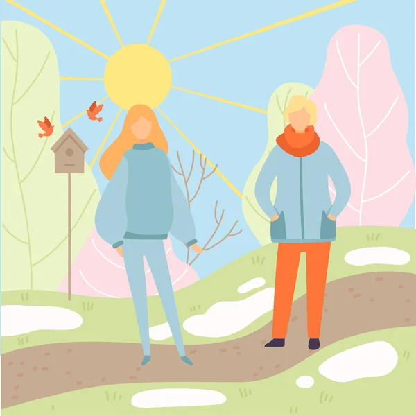 Genç adam ve kadın bahar parkta yürüyüş sıcak giysiler giyiyor, sezon bahar vektör Illüstrasyon kış değişim — Stok Vektör