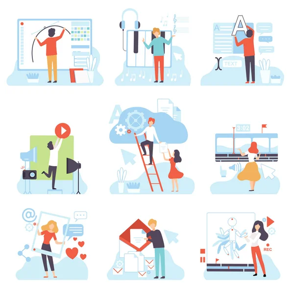 People Creating Digital Content Set, Technology Process of Software Development, Social Media Marketing Vector Illustration (dalam bahasa Inggris). - Stok Vektor