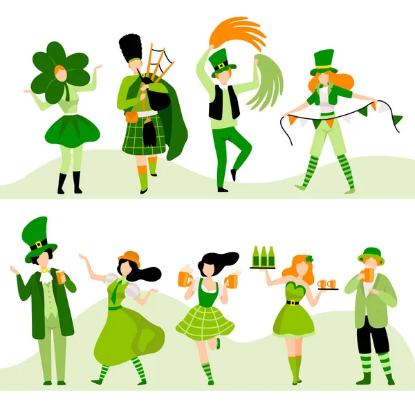 Menschen in grünen festlichen Kostümen feiern den Schutzheiligen Patrick Day Vektor Illustration — Stockvektor