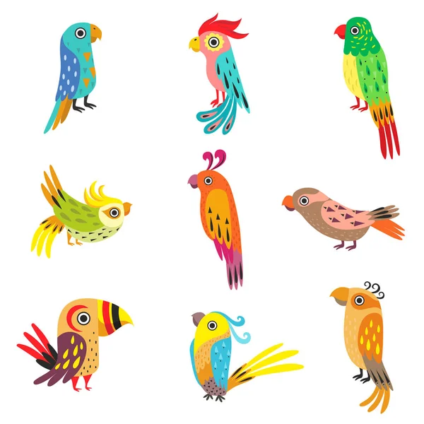 คอลเลกชันของน่ารัก สีสันเขตร้อน Parrots ภาพวาดเวกเตอร์ — ภาพเวกเตอร์สต็อก