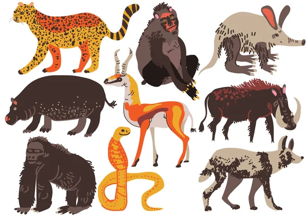 Set de Animales Africanos, Hipopótamo, Cheetah, Mono, Antílope, Gorila, Serpiente, Warthog, Aaardvark, Hiena Vector Illustration — Archivo Imágenes Vectoriales