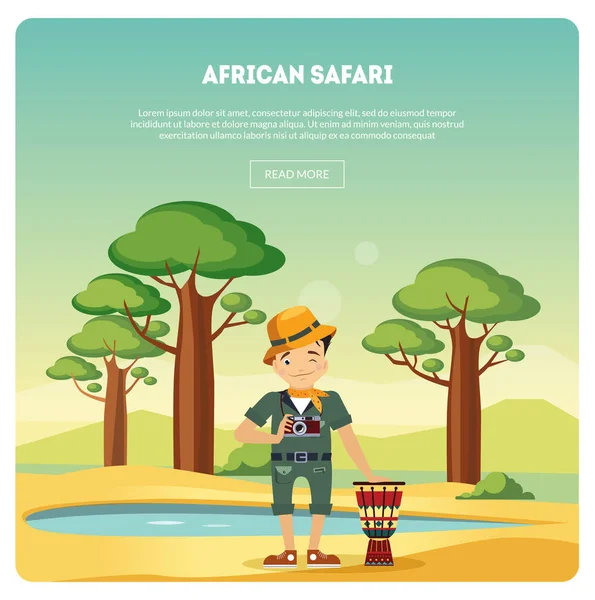 Afrikaanse safari banner, mannelijke toeristische staande in de achtergrond van Savannah landschap vector illustratie — Stockvector