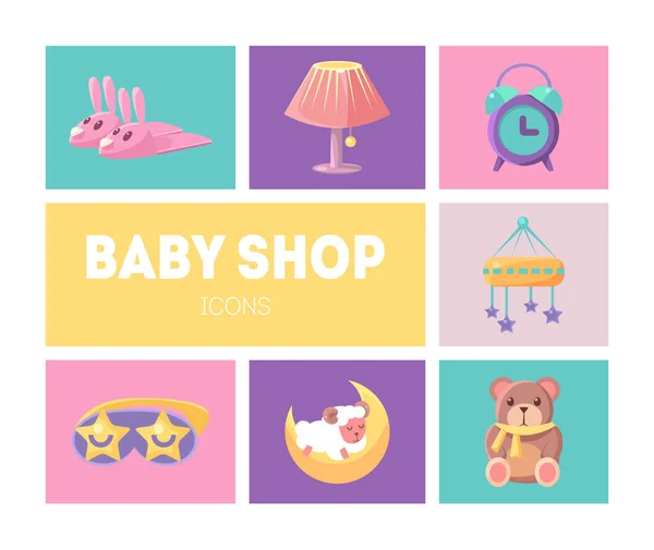 Baby Shop Icons Set, Cute Goods for Babies Design Elements Vector Illustration — Stock Vector