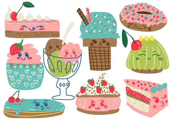 おいしいデザートセット、お菓子やお菓子、ケーキ、アイスクリーム、ドーナツ、カップケーキ、エクレアベクターイラスト — ストックベクタ