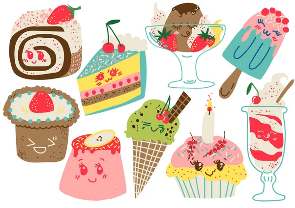 おいしいデザートセット、お菓子とお菓子、ケーキ、スクルポップスクル、カップケーキベクターイラスト — ストックベクタ