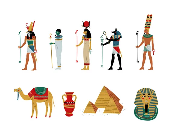 Alte ägyptische kulturelle Symbole gesetzt, Götter und Göttin Vektor Illustration — Stockvektor