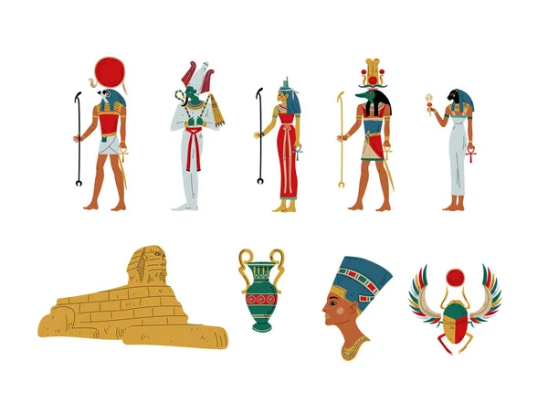 Egypt Ancient Symbols, Gods and Goddess Set Vector Illustration — Stock Vector