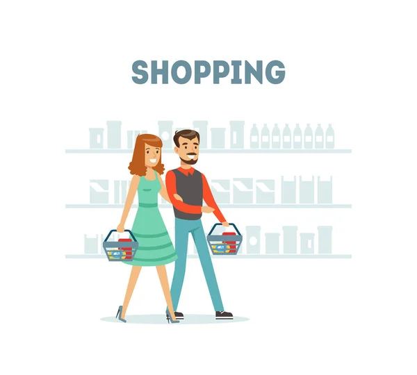 Familia pareja de compras en el supermercado con cestas, compra diaria de comestibles Vector Ilustración — Vector de stock