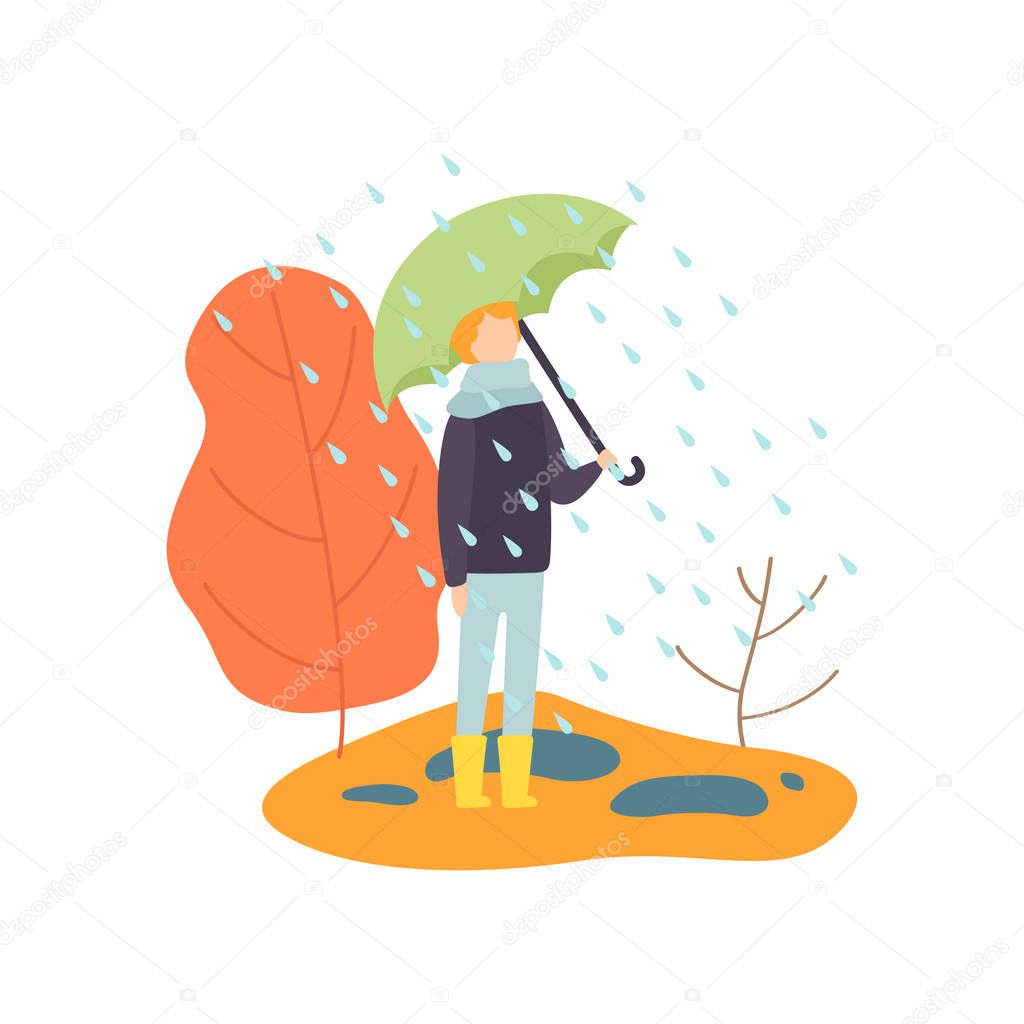 Boy Walking in Rain Under Umbrella, Autumn Season Vector Illustration