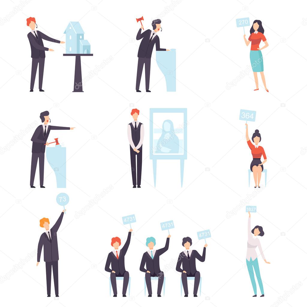Auction Public Sale Set, People Bidding and Bying Goods and Property, Auctioneer Announcing Prices with Gavel Vector Illustration