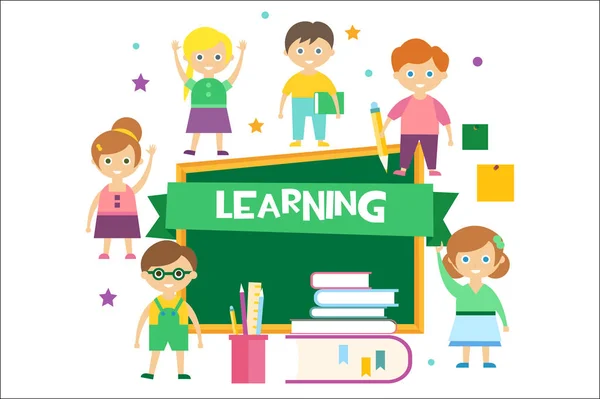 Cute happy schoolchildren and green chalkboard, elementary school, back to school kids, learning concept vector illustration — Stock Vector