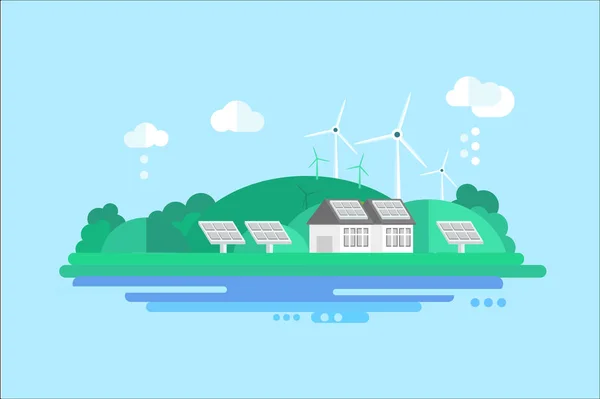 Casa eco residenziale con pannelli solari e turbine eoliche, illustrazione del vettore di concetto di energia rinnovabile — Vettoriale Stock