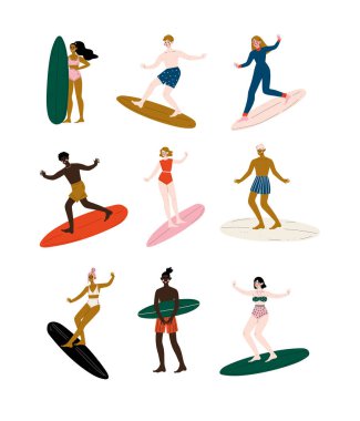 İnsanlar sürme Surfboards ayarla, erkek ve kadın sörfçü zevk yaz tatilde deniz ya da okyanus vektör çizim
