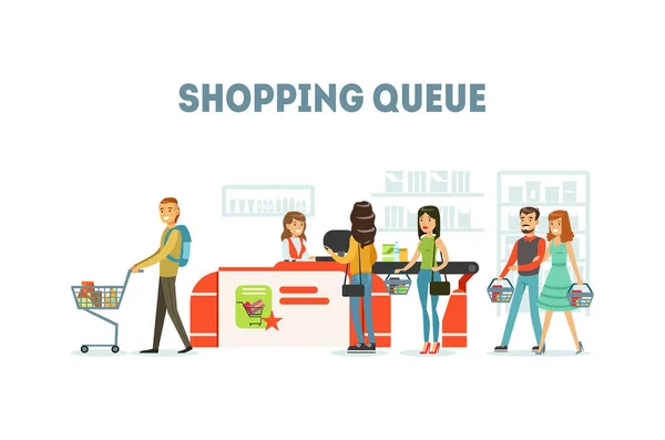 Einkaufsschlange, Menschen, die im Supermarkt einkaufen, Schlange von verschiedenen Menschen im Lebensmittelgeschäft Vektor Illustration — Stockvektor