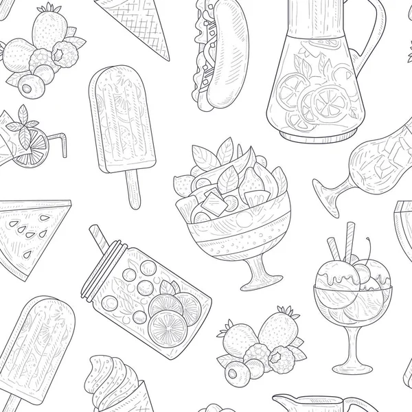 Summer Food Seamless Pattern, Smoothies, Ice Tea, Hot Dog, Watermelon, Ice Cream Monochrome Hand Drawn Vector Illustration — Stock Vector