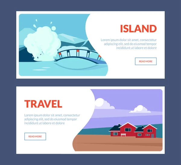 Island Travel Horizontal Banners Set, Paisagem de viagem com marcos, Locais da natureza, Férias de verão Aventura Vetor Ilustração —  Vetores de Stock