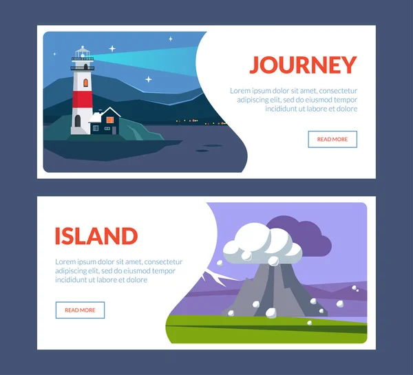 Journey Island Horizontal Banners Set, Paisagem de viagem com marcos, Locais da natureza, Férias de verão Aventura Vetor Ilustração —  Vetores de Stock