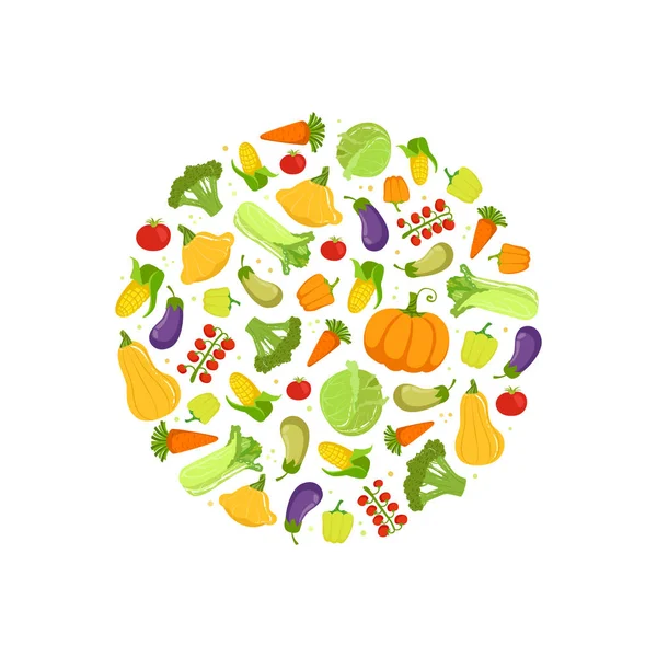 Granja de verduras coloridas frescas en forma circular Vector Ilustración — Vector de stock