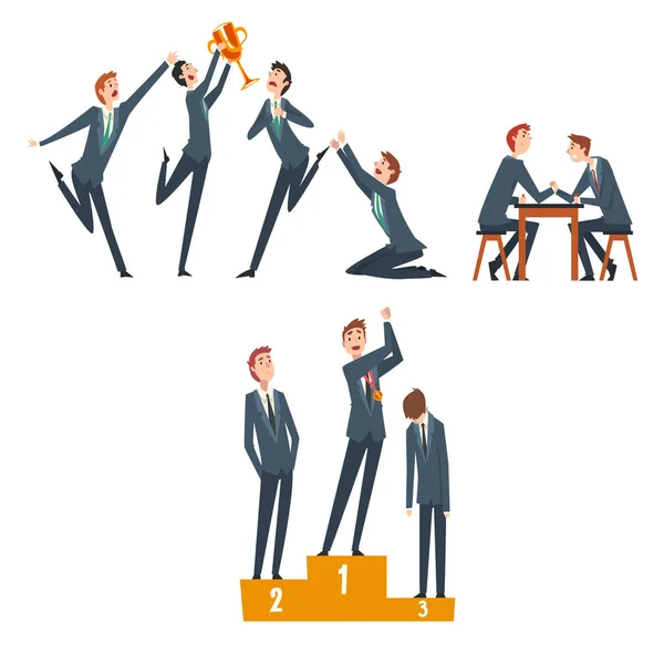 Competencia empresarial, hombres de negocios que compiten entre sí, liderazgo y trabajo en equipo Vector Illustration — Vector de stock