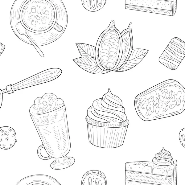 Cocoa Products Seamless Pattern, Chocolate Desserts Monochrome Hand Drawn Vector Illustration — Stock Vector