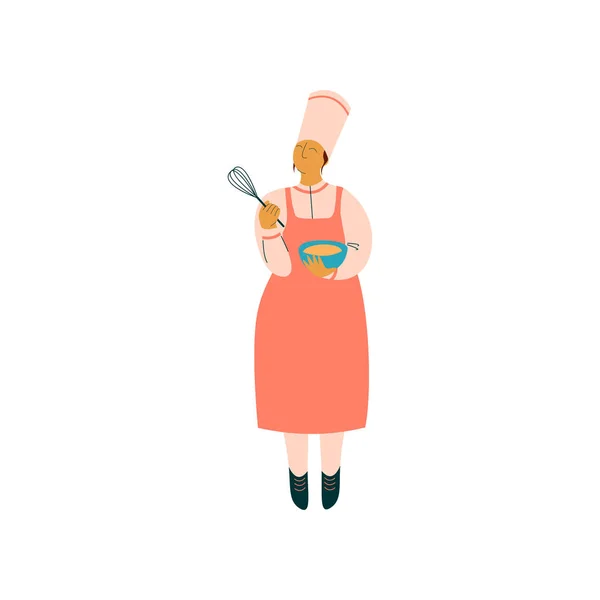 レストランのキッチン、泡立て器とボウル ベクトル イラストでおいしい料理を準備して制服を着たプロ キッチナー文字の女性調理 — ストックベクタ
