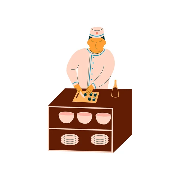 Japanese Chef Making Sushi, Traditional Asian Food Preparation Process Vector Illustration — Stock Vector