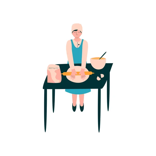 Женщина-повар Роллинг тесто на столе, профессиональный характер пекаря в униформе приготовления пищи на векторной иллюстрации кухни — стоковый вектор