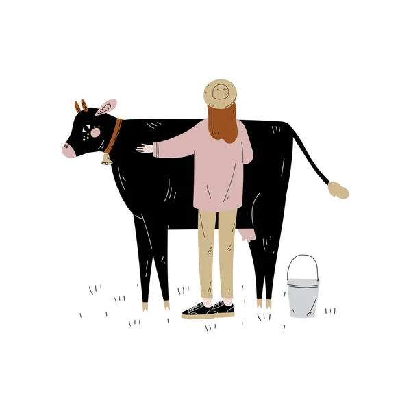 Mujer de pie junto a vaca manchada, ganado lechero cría de animales Vector Ilustración — Archivo Imágenes Vectoriales