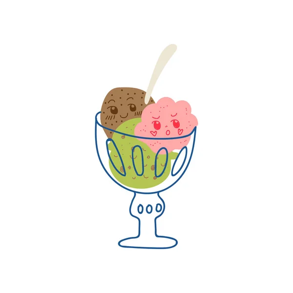 Bolas de helado deliciosas lindas en cuenco de cristal, postre dulce adorable de Kawaii con la ilustración divertida del vector de la cara — Vector de stock
