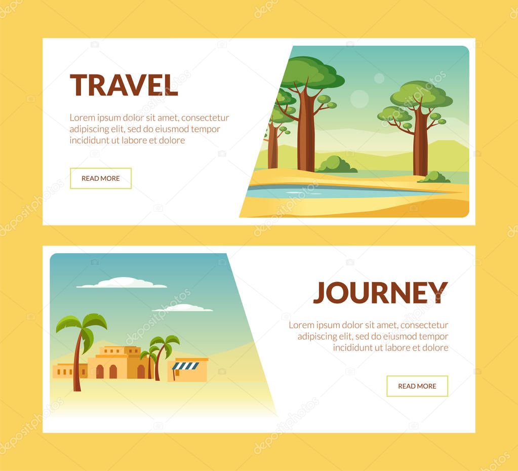 Travel Journey Horizontal Banners Set, Summer Holidays Adventure Vector Illustration