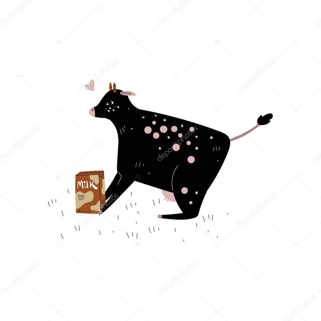 Spotted Cow with Milk Packaging, Dairy Cattle Animal Husbandry Breeding Vector Illustration