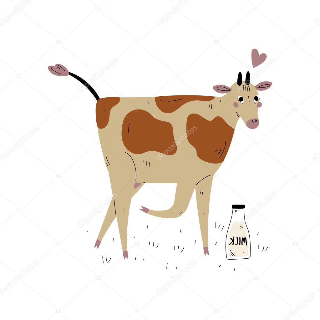 Spotted Cow with Glass Bottle of Milk, Dairy Cattle Animal Husbandry Breeding Vector Illustration