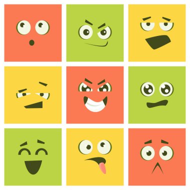 Şirin Kawaii ifadeleri ayarla, farklı duygular ile renkli Emoji kareler illüstrasyon vektör