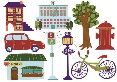 Şehir sokak elemanları, çeşitli açık kentsel çevre sembolleri vektör çizim