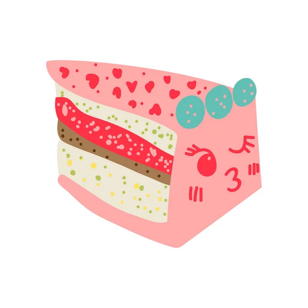 Şirin lezzetli pasta çizgi film karakteri, sevimli Kawaii pembe tatlı komik surat vektör çizim ile — Stok Vektör