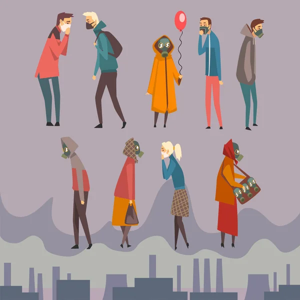 Ongelukkig mannen, vrouwen en kinderen dragen van beschermende maskers wandelen in de stad, mensen die lijden aan de luchtverontreiniging, industriële Smog vectorillustratie — Stockvector